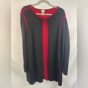 Chicos thick red and black cardigan with a single neck closure.